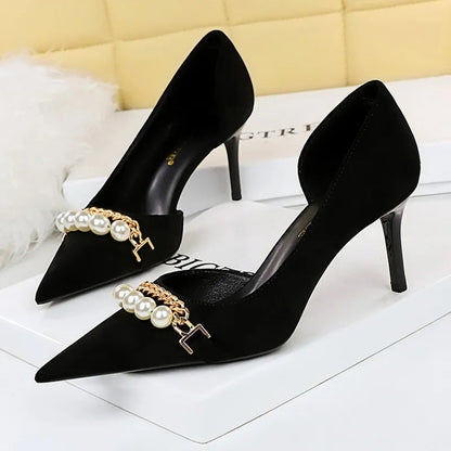 Spring Pearl Metal Chain High-heels Checked Grain Stilettos Women