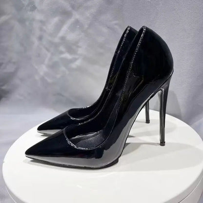 Black Patent Pointy Toe High Heel Stilettos for Women - Slip On OL Formal Dress Shoes