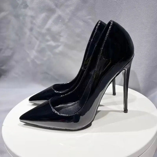 Black Patent Pointy Toe High Heel Stilettos for Women - Slip On OL Formal Dress Shoes
