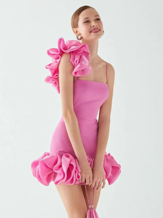 Pink One Shoulder Ruffles Mini Dress