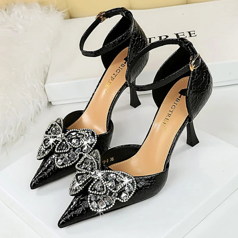 Kitten Heels Sandals Women Shoes with Rhinestone Bowknot for Summer Banquets