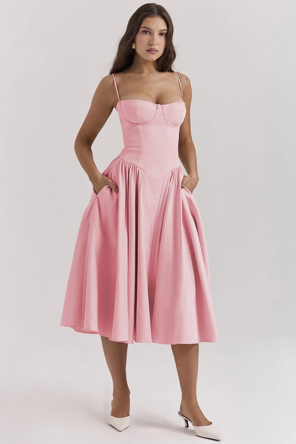 Corset Bustier Spaghetti Strap Basque Waist Pleated Midi Dress