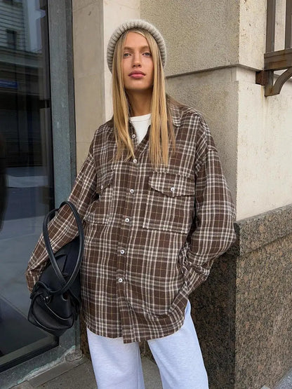 Women's Vintage Checked Flannel Shirt – Loose Fit Long Sleeve Top
