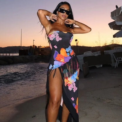 Off Shoulder Strapless Maxi Floral Dress