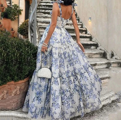 Lace-up Floral Sleeveless Swing Dress