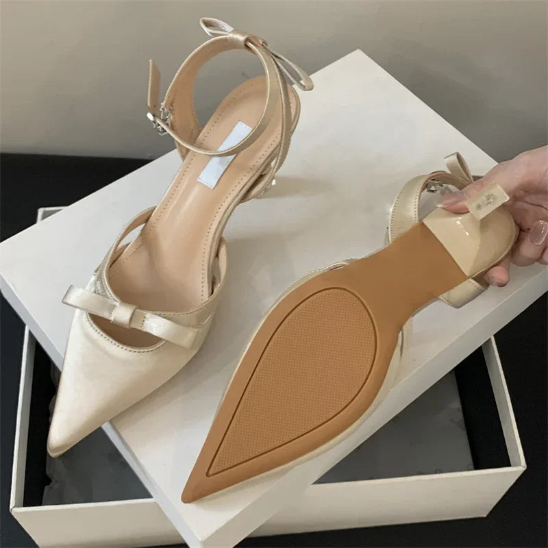 Satin Ankle Buckle Strap Women Pumps with Pointed Toe and Thin Low Heels