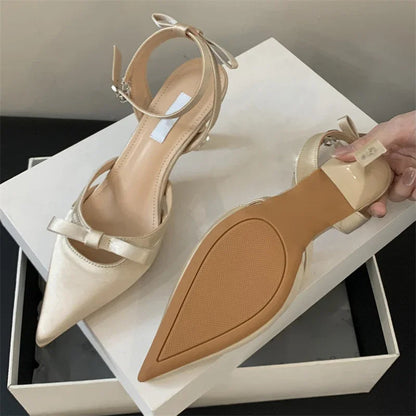 Satin Ankle Buckle Strap Women Pumps with Pointed Toe and Thin Low Heels