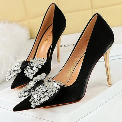 Women Pumps Rhinestone Bow High Heels in Silks and Satins