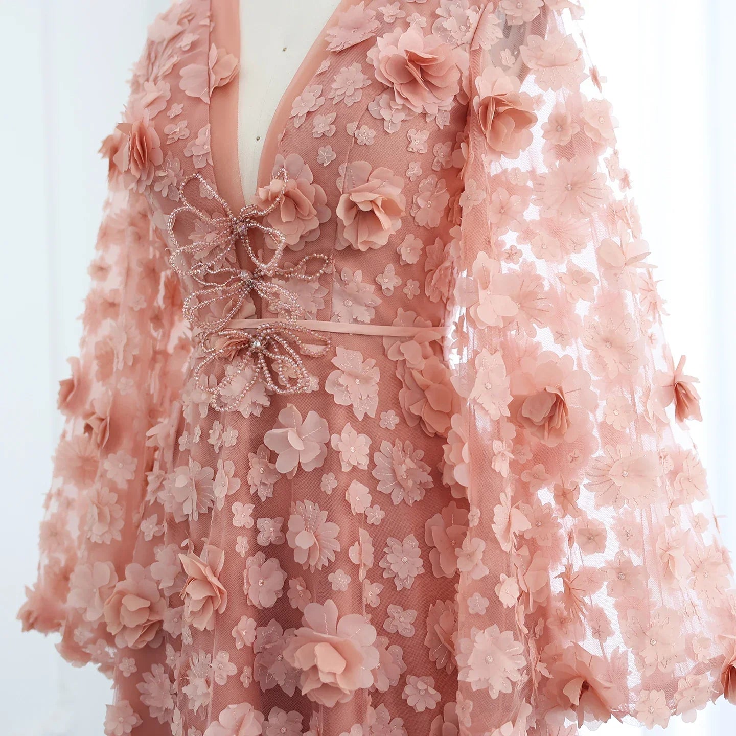 Peach-Pink 3D Flowers Bell Long Sleeves Prom Dress