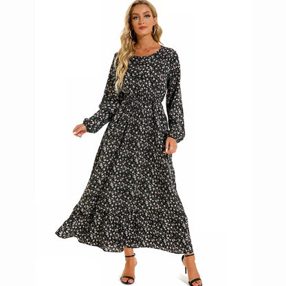 Ditsy Floral Crew Neck Lantern Sleeve Smocked Waist Ruffle Hem Maxi Dress