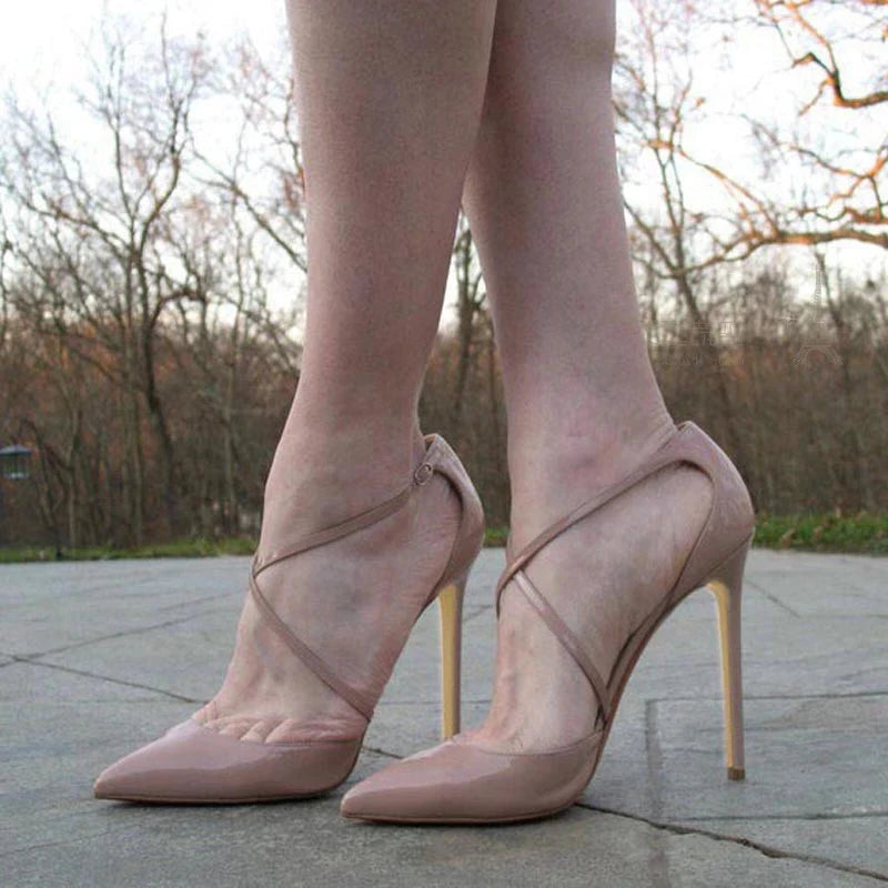 White Glossy Patent Cross Strap Stiletto Pumps for Women