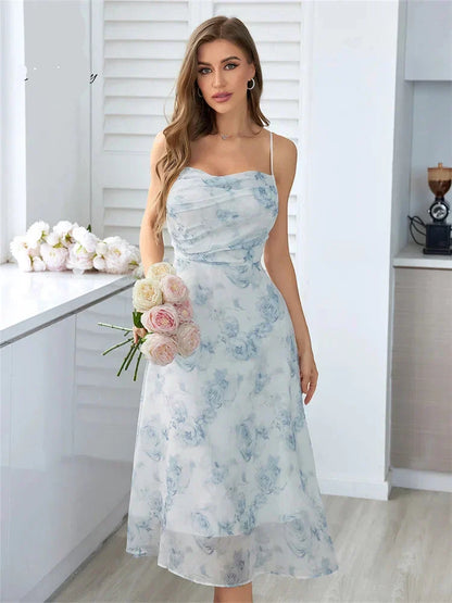 Floral Print Cowl Neck Spaghetti Strap Backless A-Line Midi Dress