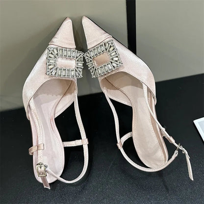Thin High Heels Buckle Strap Women Pumps with Square Button Pointed Toe Mules