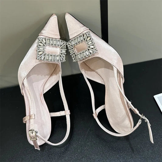 Thin High Heels Buckle Strap Women Pumps with Square Button Pointed Toe Mules