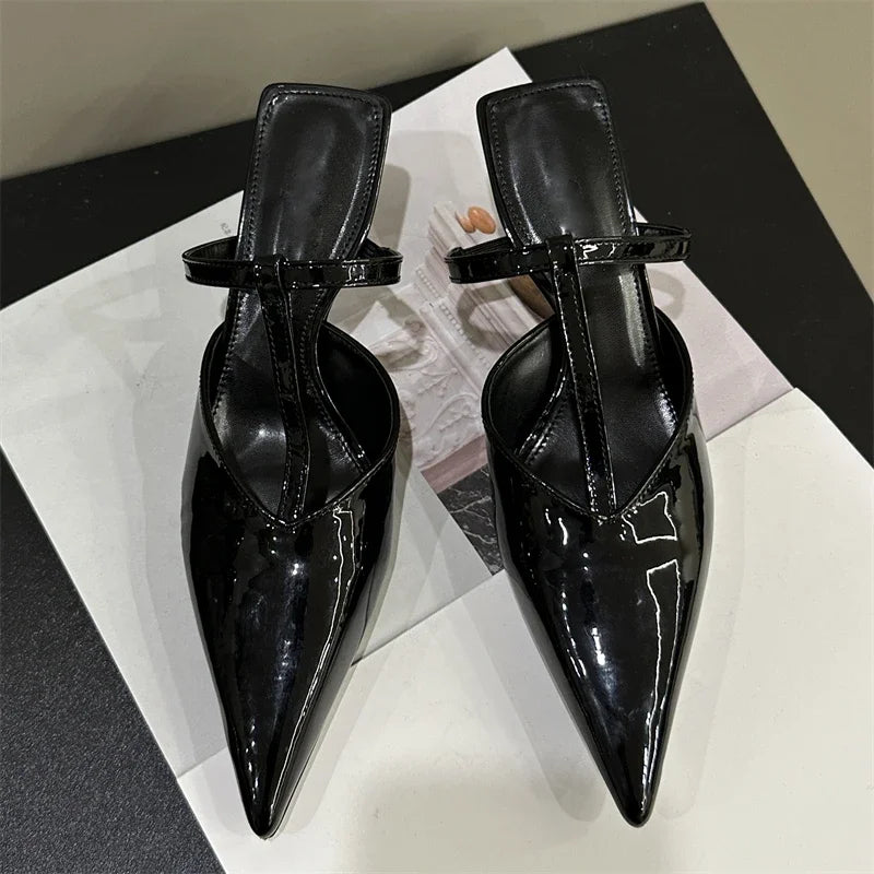 Patent Leather Hollow Out Slippers with Thin Heels and Pointed Toe for Women