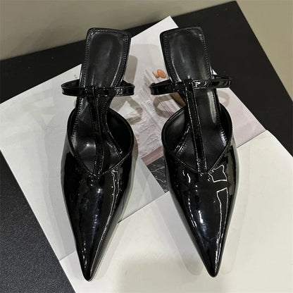 Patent Leather Hollow Out Slippers with Thin Heels and Pointed Toe for Women