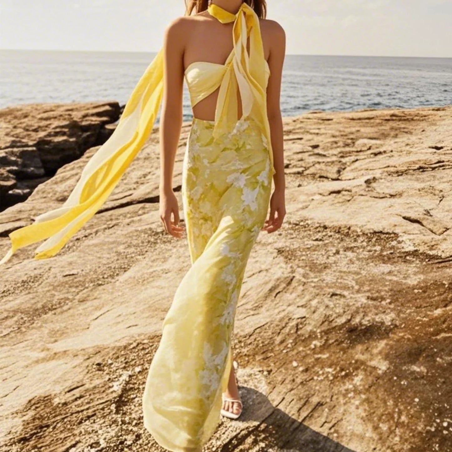 Ruched Cutout Floral Tube Vacation Dress