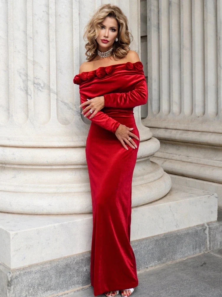 Off-Shoulder 3D Flower Red Velvet Dress