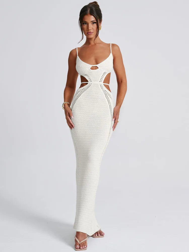 Hollow Knit Spaghetti White Bodycon Dress