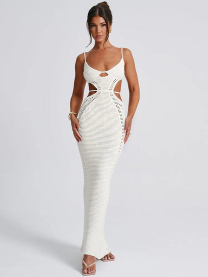 Hollow Knit Spaghetti White Bodycon Dress