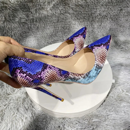 Python Pattern Blue Pointy Toe High Heel Party Shoes for Women