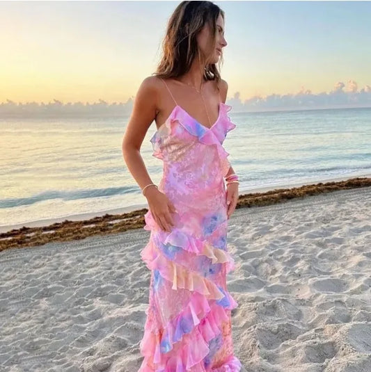 Colorful Spaghetti Strap Printed Midi Dress