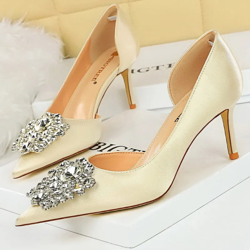 Rhinestone Kitten Heels Elegant Luxurious Banquet Shoes Pointed High Heels for Women