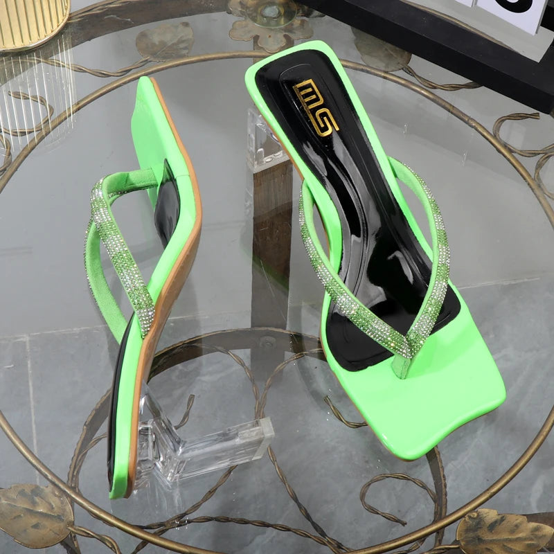 Rhinestone clip toe flip-flops with square heel, designer luxury sandals