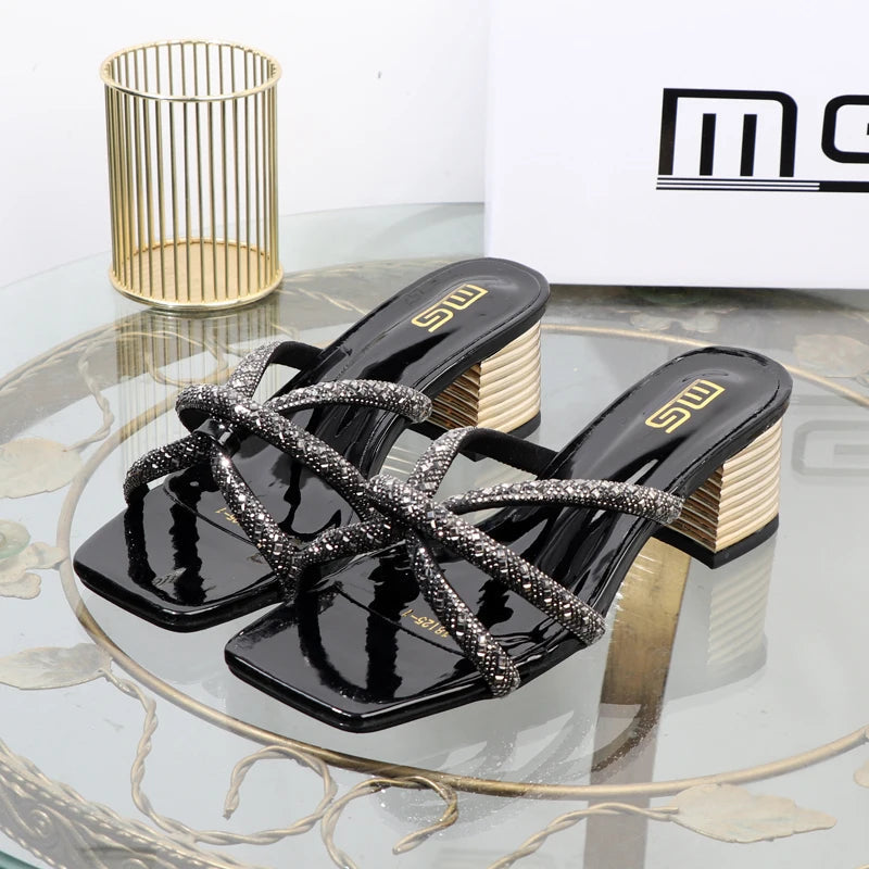 Rhinestone sandals with thick high heels for women's luxury style in autumn