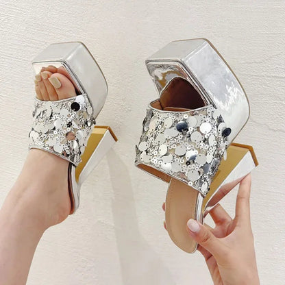 Silver Sequin Cloth Open Toe Platform High Heels Sandals for Women