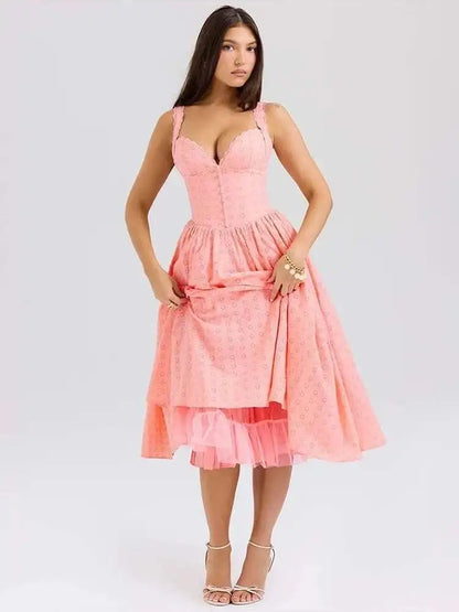 Embroidery Strap A-Line Midi Dress