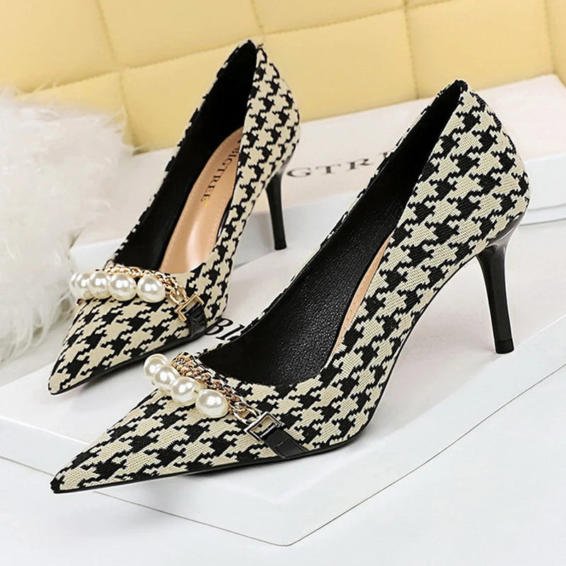 Spring Pearl Metal Chain High-heels Checked Grain Stilettos Women
