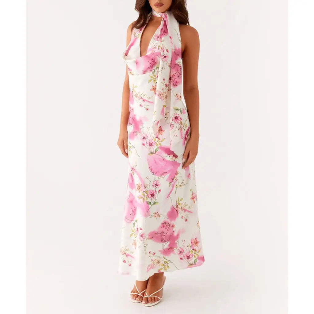 Cowl Neck Floral Halter Vacation Dress