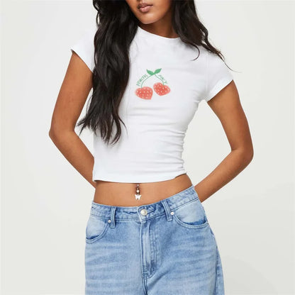 Fruit Print Round Neck Crop T-shirt