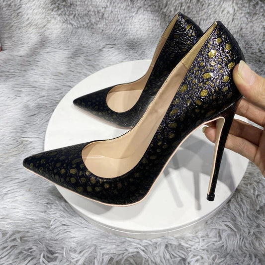 Bronze Black Crocodile Effect Women Sexy High Heel Shoes - 8cm, 10cm, 12cm