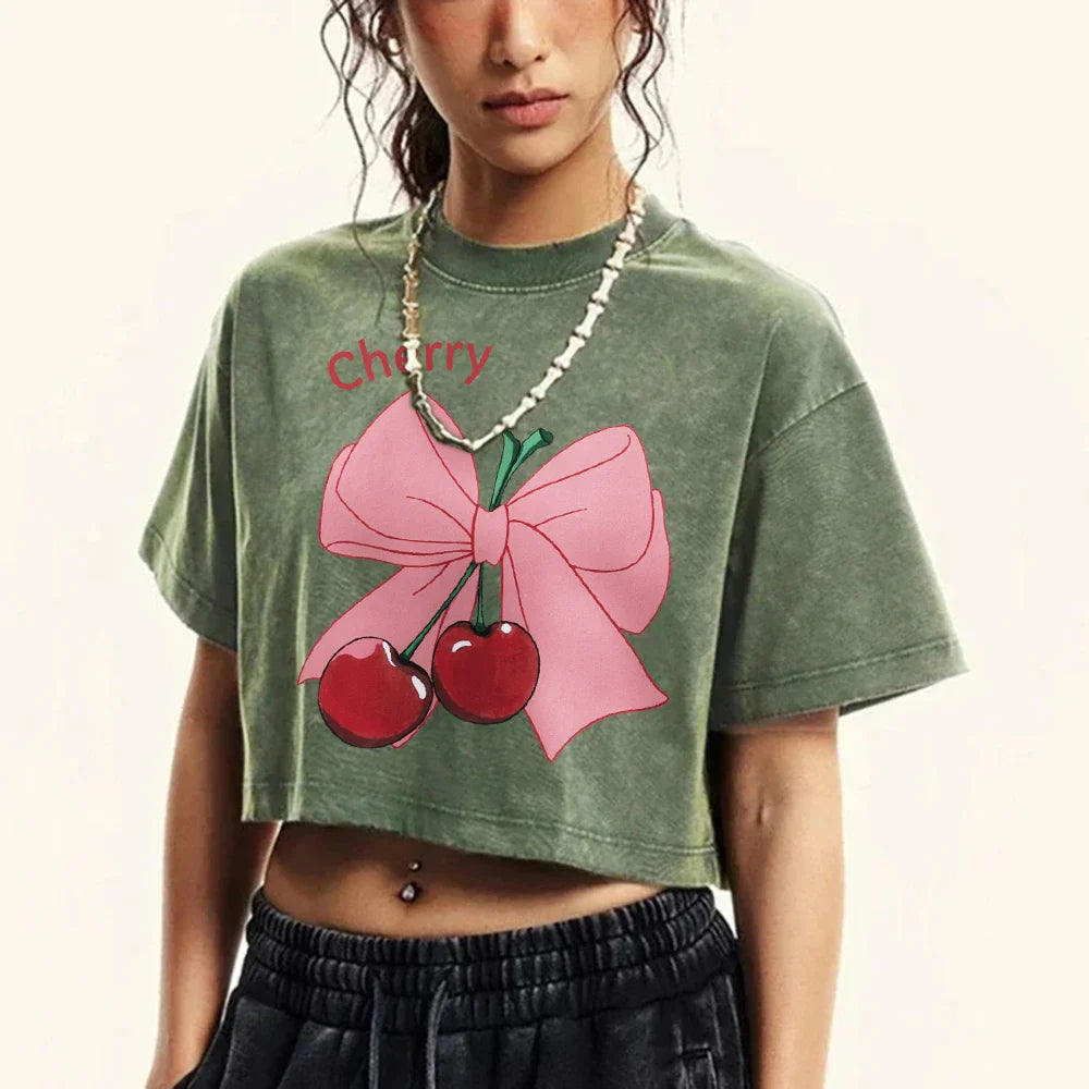 Bow Cherry Cartoon Cotton Slim T-shirt