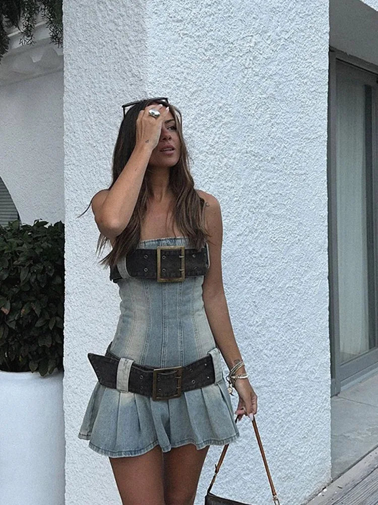Strapless Denim Belted Mini Dress