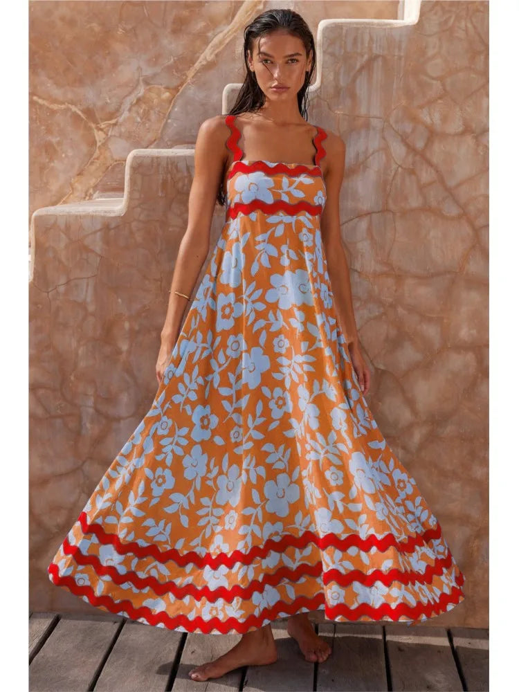 Large Floral Print Ric-Rac Trim Square Neck Wide Strap Maxi Dress