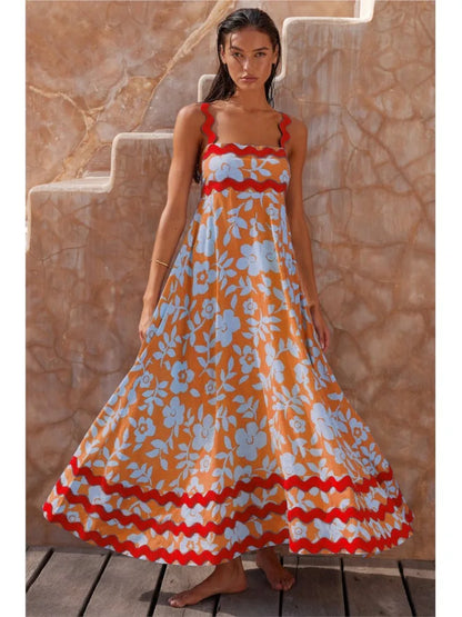 Large Floral Print Ric-Rac Trim Square Neck Wide Strap Maxi Dress