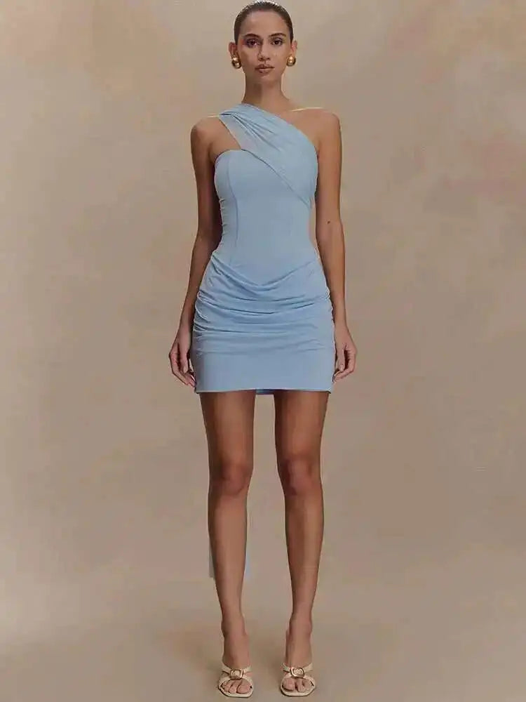 Draped Oblique Shoulder Mini Dress