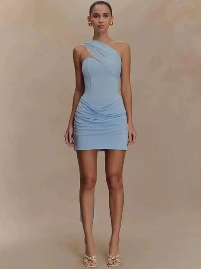 Draped Oblique Shoulder Mini Dress