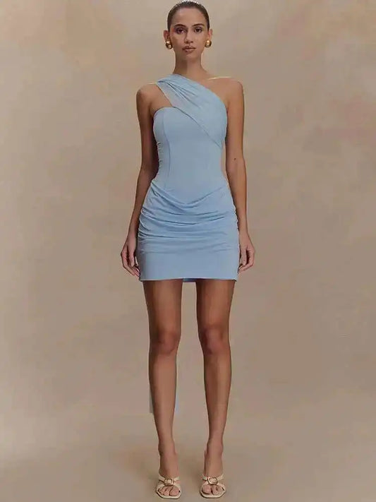 Draped Oblique Shoulder Mini Dress