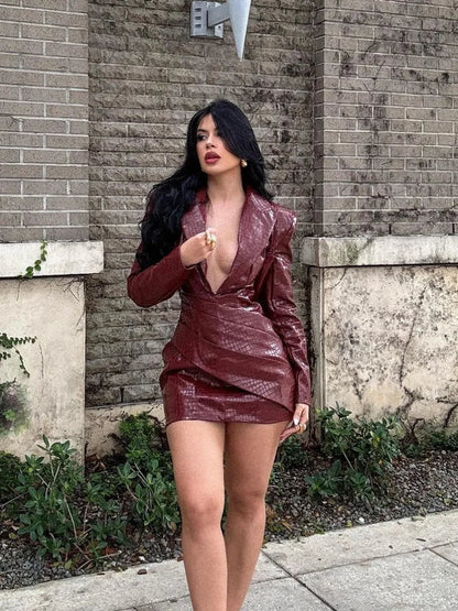 Plunging V-Neck Crocodile Embossed Long Sleeve Wrap Asymmetrical Mini Dress