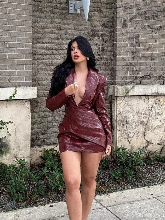 Plunging V-Neck Crocodile Embossed Long Sleeve Wrap Asymmetrical Mini Dress