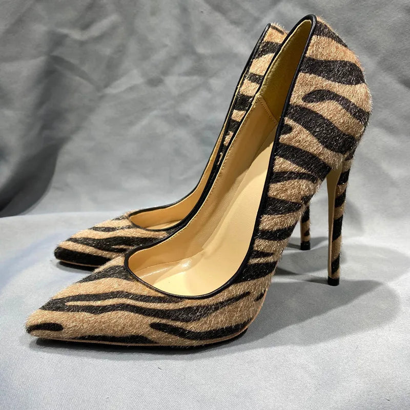 Hairy Brown Zebra Women Pointy Toe High Heel Shoes