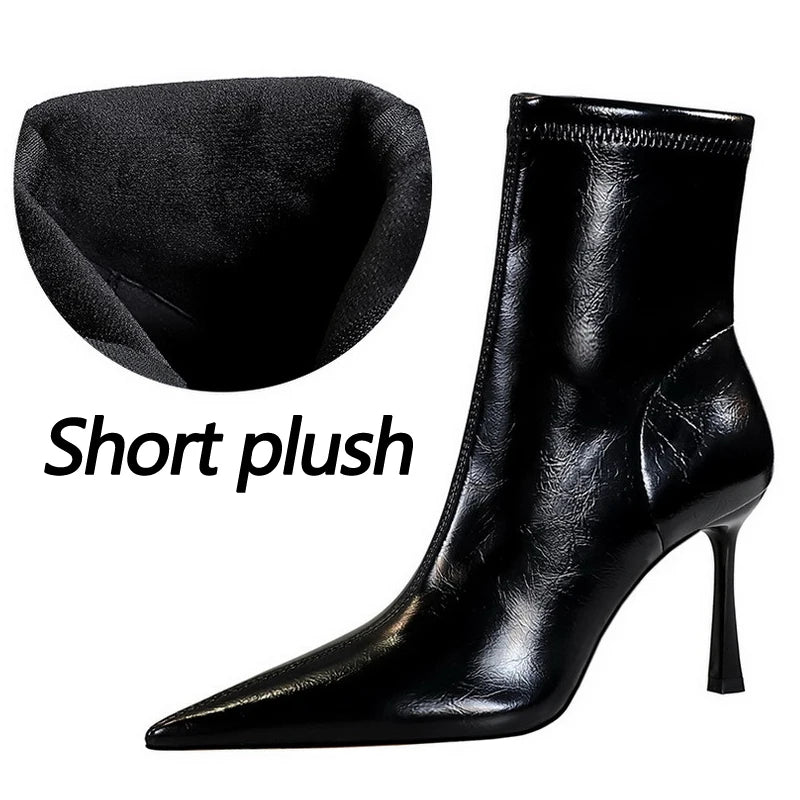 Leather High Heel Boots with Side Zipper and Warm Plush Lining for Winter