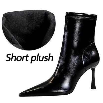 Leather High Heel Boots with Side Zipper and Warm Plush Lining for Winter