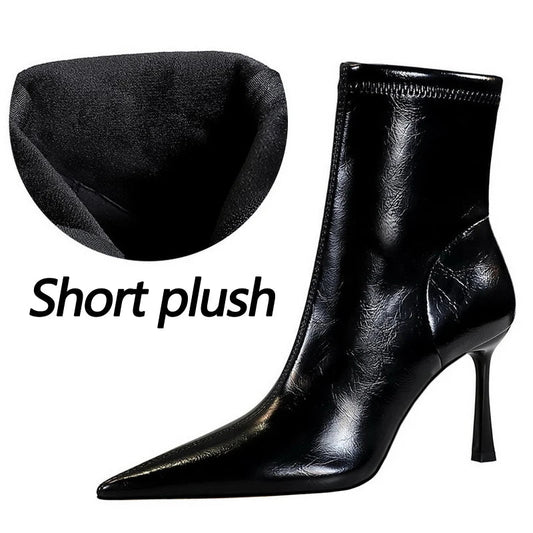 Leather High Heel Boots with Side Zipper and Warm Plush Lining for Winter