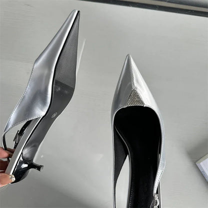 Crystal Pointed Toe Women Pumps with Designer Low Heels Sandals