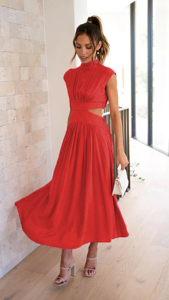 Mock Neck Sleeveless Side Waist Cutout Pleated A-Line Maxi Dress